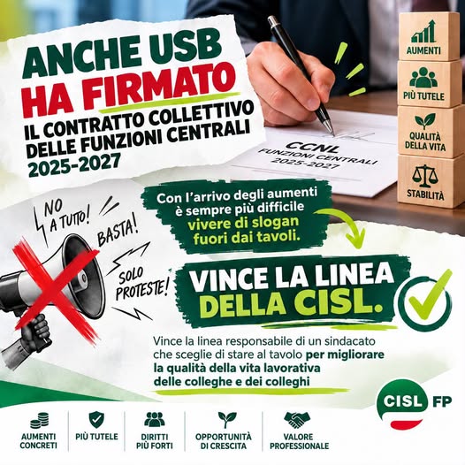 CONTRATTO FUNZIONI CENTRALI 2025-2027: ANCHE USB FIRMA IL CCNL